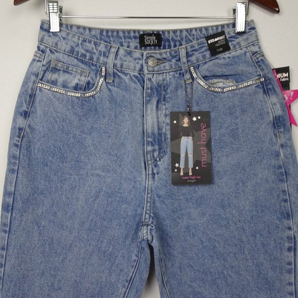 Rhinestone Trim Jeans Simple Society Size 7 Blue Distressed Denim Cropped - Picture 2 of 10